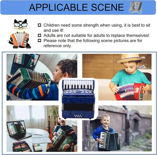 Vista 3 de Acordeones Para Adultos, Acordeón De Adulto Azul 22 Teclas 8 Bass Acordeón Instrumento Con Correas Ajustables Y Sonido Dulce Acordeón Portátil Para