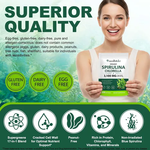 Vista 7 de NIFEISHI Cápsulas orgánicas de espirulina clorella, 3100 mg por porción, mezcla de supergeens 17 en 1, ricas en clorofila, veganas y altas