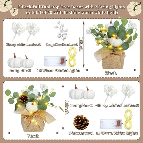 Vista 2 de Janinka Juego de 2 decoraciones de otoño de 11 pulgadas para el hogar, calabazas blancas, mesas de eucalipto, centros de mesa, conos de pino