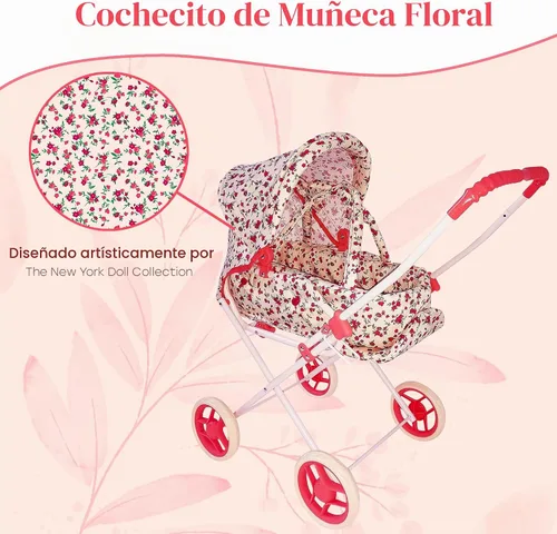 Vista 8 de Juego de Cochecito de Muñeca, Cochecito de Muñeca 3 en 1 con Moisés Extraíble, Carrito para Muñecas, Cochecito de Muñeca de Juguete para Niños Floral