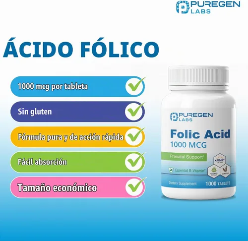 Vista 3 de Puregen Labs - Tabletas de ácido fólico de 1000 mcg Vitamina B9 Sin OMG Sin gluten Tamaño de valor de 1000 comprimidos