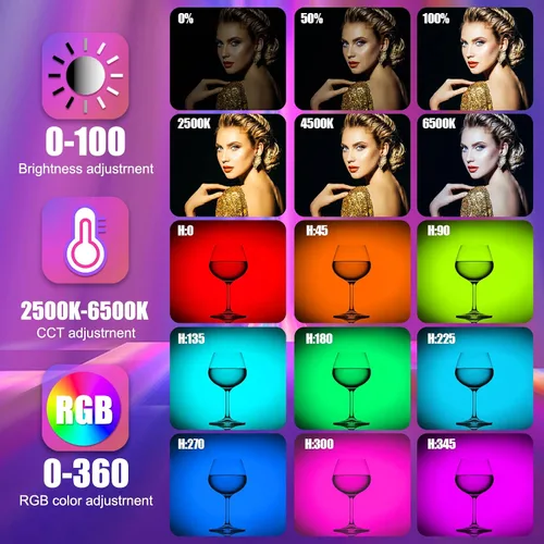 Vista 3 de Varita de luz LED RGB de 360° RGB para fotografía de estudio, luces de tubo alimentadas por batería, 12 efectos de iluminación, luz de cámara