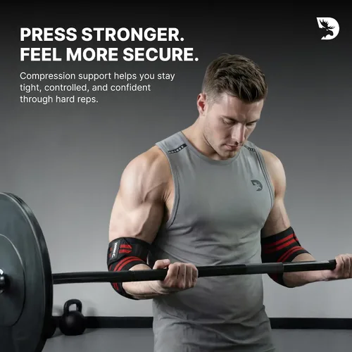 Vista 3 de DMoose Fitness Elbow Wraps for Weightlifting (Pair) - 40'' Adjustable Strap for Gym Workout & Bench Press, Compression Elbow Sleeves for Tendonitis