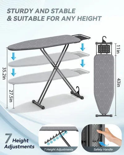 Vista 2 de Tabla de planchar de tamaño matrimonial de 54 x 13 pulgadas, tabla de hierro plegable de altura ajustable con soporte de hierro, cubierta resistente