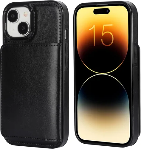 Vista 3 de KIHUWEY - Funda tipo cartera para iPhone 15 (piel, tarjetero), color negro Ranuras para tarjetas de crédito, soporte, piel sintética, cierre