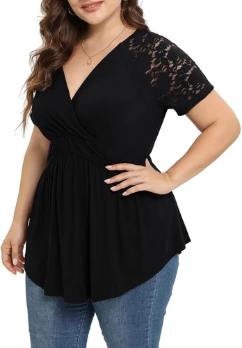 Vista 2 de Camisetas básicas para mujer, de verano, talla grande, manga corta, con encaje, blusa elegante