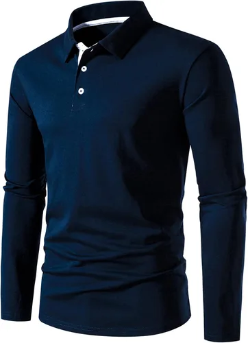 Vista 2 de A WATERWANG Polera polo de manga larga para hombre, de algodón, ajustado, diseño básico