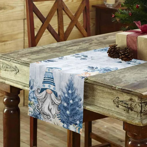 Vista 3 de Camino de mesa de Navidad, algodón y lino, bufandas de tocador de vacaciones de 36 pulgadas, gnomos de eucalipto azul retro, diseño de copos