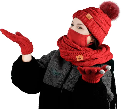 Vista 9 de Winter Hat Scarf Gloves and Ear Warmer, Warm Knit Beanie Hat Touch Screen Gloves Set Winter Gifts Neck Scarves for Women