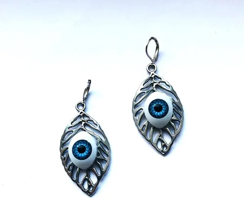 Vista 3 de Halloween Jewelry Large Leaf Silver Color Earrings/or Pendant Nature Statement Realistic Blue Eye Necklace S. Pl. Chain