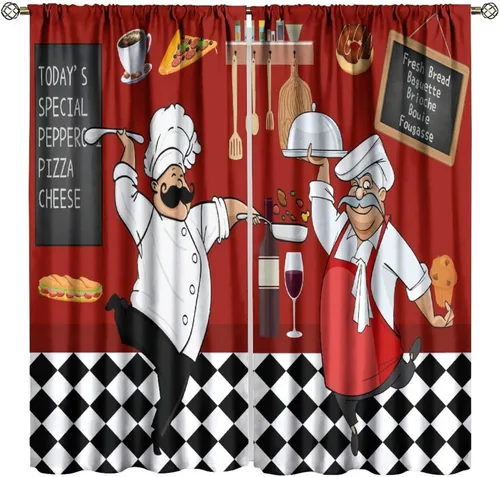 Vista 20 de Cortinas de cocina de chef, cortinas de cocina con tema de cocinero gordo para dormitorio, sala de estar, juego de 2 paneles de cortina de cocina a