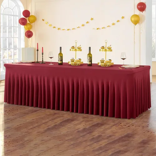 Vista 29 de Paquete de 3 Manteles de Spandex Azul Bebé para Mesas Rectangulares de 6 Pies, Falda de Mesa Azul Elástica Ajustada de 6 Pies para Fiestas de Boda