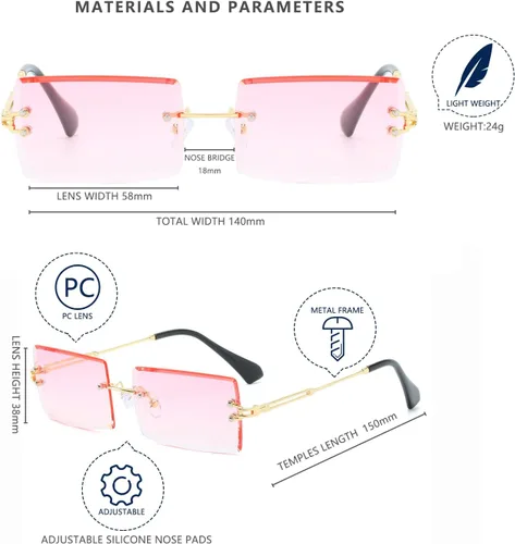 Vista 6 de LASPOR Paquete de 2 lentes de sol rectangulares sin montura para hombres y mujeres, vintage, retro, cuadrados, de metal dorado, sin marco, lentes