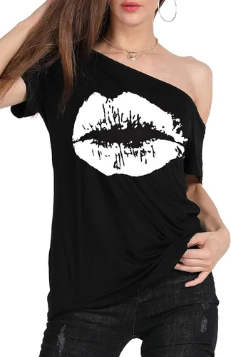 Vista 5 de MAGICMK - Camiseta casual para mujer, con estampado de labios y hombro descubierto, talla extragrande
