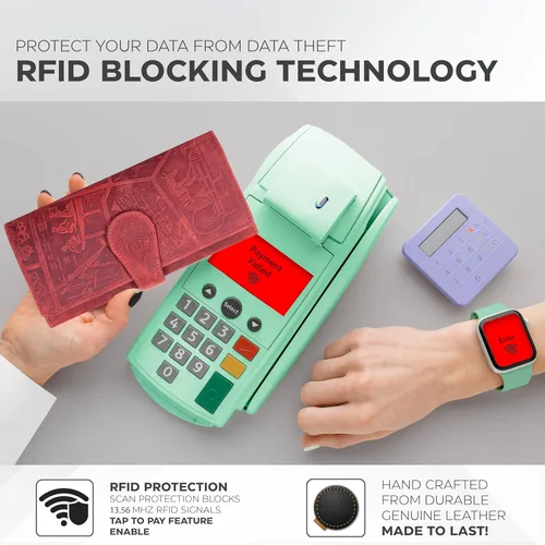 Vista 3 de Cartera de piel auténtica para mujer con bloqueo RFID, tarjetero triple para mujer, con ventana de identificación