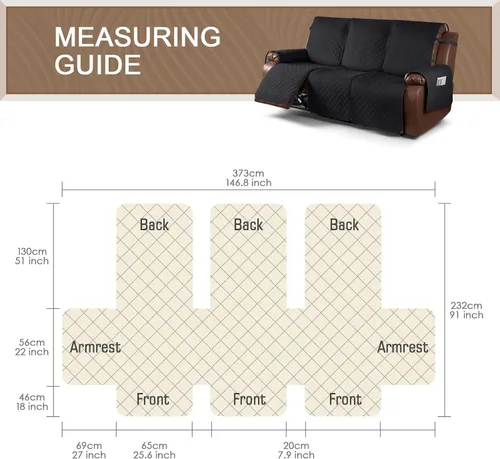 Vista 5 de Funda impermeable para sofá reclinable, funda antideslizante para sofá reclinable de 3 plazas, protector de muebles con correas elásticas
