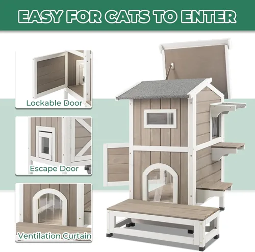 Vista 5 de Casa para gatos al aire libre resistente a la intemperie, casa de madera para gatos de dos pisos con techo que se puede abrir, 4 puertas, balcón