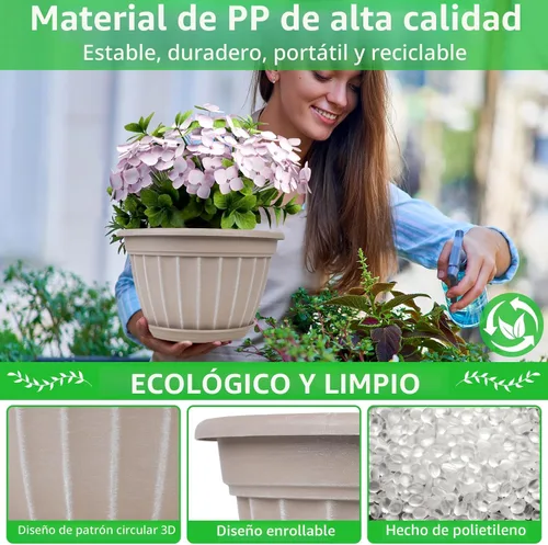 Vista 2 de Macetas de 10 pulgadas, paquete de 4 macetas, macetas con orificio de drenaje Beige