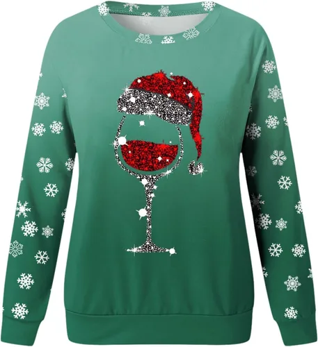 Vista 3 de Rvidbe Suéter feo de Navidad para mujer, estampado de copa de vino tinto, casual, cuello redondo, manga larga, sudaderas