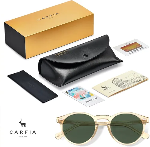 Vista 84 de CARFIA Gafas de sol polarizadas de acetato redondo para mujer, protección UV de cara pequeña con funda de cuero CA5288