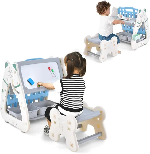 Vista 10 de Costzon Caballete de arte 3 en 1 para niños, pizarra magnética de borrado en seco de doble cara y estante para libros para niños con silla