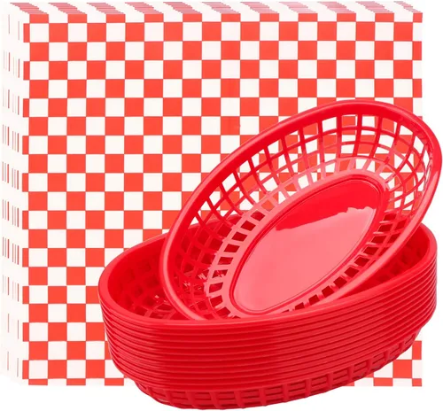 Vista 8 de EUSOAR Cestas de plástico para alimentos con forros de papel, 12 cestas rojas extragrandes de 11.8 x 8.9 pulgadas para servir alimentos y 10 x 11