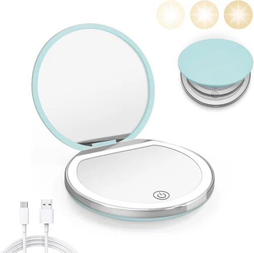 Vista 8 de Kakuje Espejo compacto con luz, espejo de bolsillo LED de aumento 1X/3X con cable de datos USB, mini espejo para bolso, bolsillo, viaje y regalo