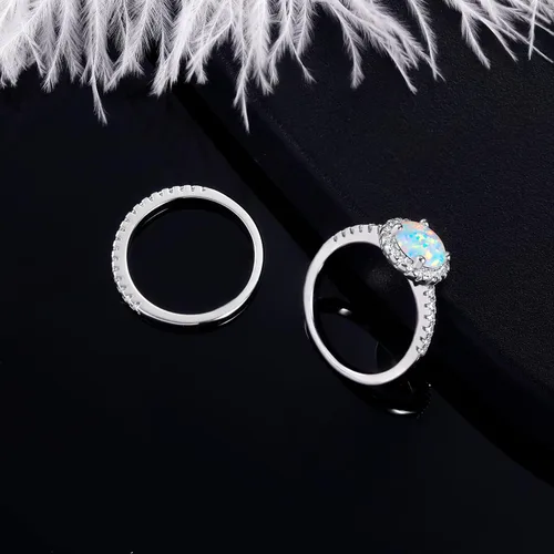 Vista 3 de MDFUN - Anillo de compromiso con halo de ópalo para mujer, anillo de circonia cúbica creado de 2 en 1, chapado en oro blanco de 18 quilates, anillos