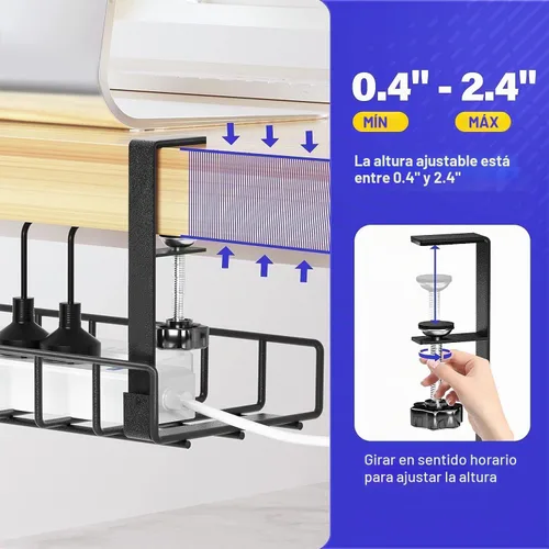 Vista 4 de Bandeja de Gestión de Cables Bajo el Escritorio Paquete de 2, Xpatee Gestión de Cables Sin Tornillos, Bandeja de Cables con Abrazadera para Gestión