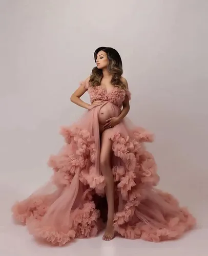 Vista 2 de Vestidos de maternidad de tul para sesión de fotos con volantes hinchados, vestidos de embarazo, vestidos de maternidad transparentes para baby