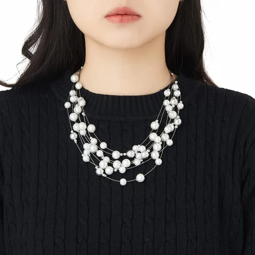 Vista 5 de Collar de perlas en capas de múltiples hebras, gargantilla de perlas para mujer, joyería de cuentas para bodas y fiestas