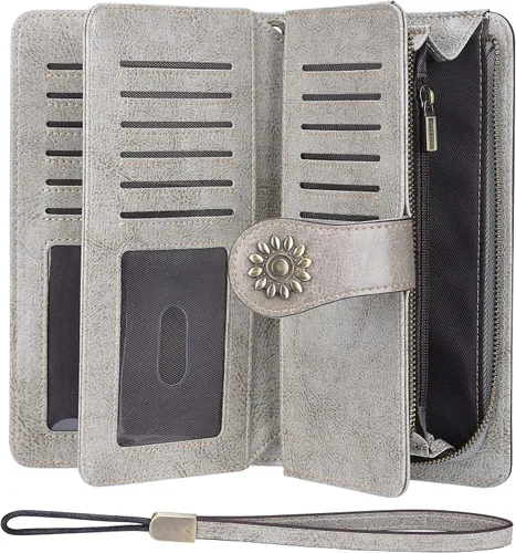 Vista 3 de Lavemi - Cartera de piel con bloqueo RFID para mujer, de gran capacidad, para llevarla a la muñeca