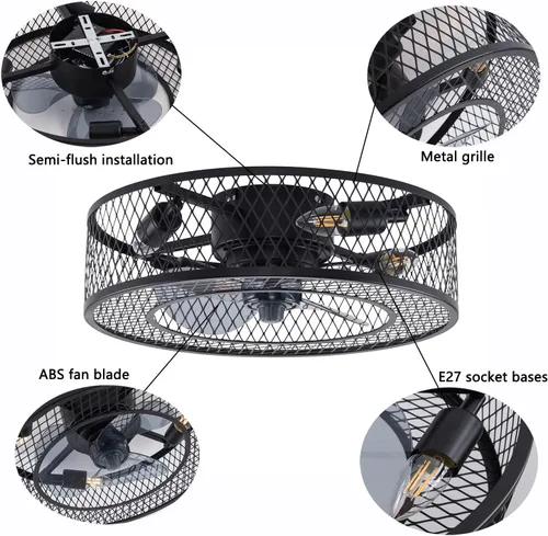 Vista 5 de OUKANING Ventilador de techo de granja con luces con control remoto, luz de jaula de metal industrial, ventiladores de techo de estilo rústico de 18