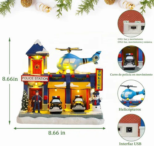 Vista 2 de WONDER GARDEN Casas de pueblo navideño, casas de Navidad, aldea - Estación de policía musical iluminada, edificios coleccionables con automóvil