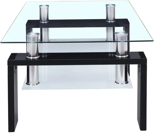 Vista 3 de Mesa de centro rectangular de cristal, moderna mesa de centro lateral con estante inferior, patas de madera para muebles de sala de estar (negro)