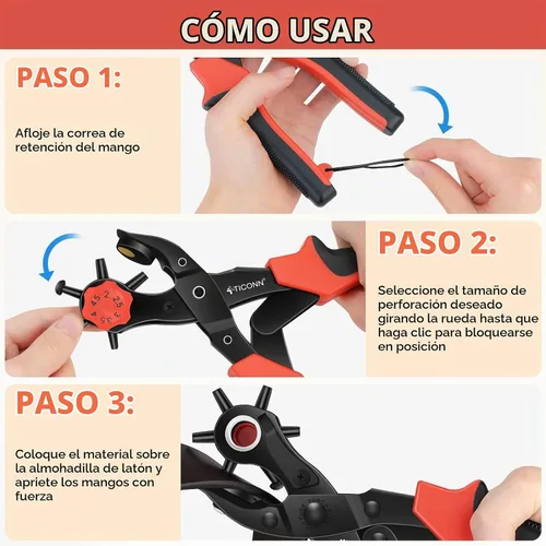 Vista 7 de Juego de herramienta de perforación de agujeros de cuero TICONN, herramienta de perforación de agujeros multitamaño resistente para cinturones