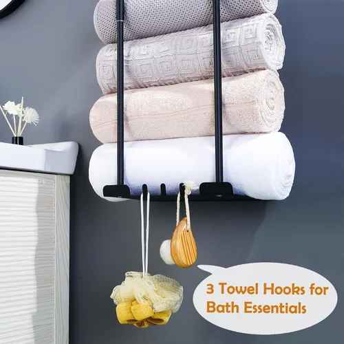 Vista 5 de Toallero de metal para colgar en la pared del baño, toallero de baño negro para almacenamiento de toallas de baño con ganchos para colgar y estante