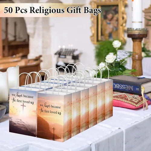 Vista 5 de Zhanmai - 50 bolsas de regalo cristianas a granel, cruz, religioso, versículo bíblico, bolsas de papel inspiradoras con asas para Vbs, fiesta