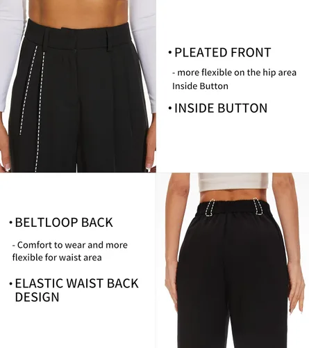 Vista 4 de KICZOY Pantalones de pierna ancha para mujer, cintura alta, pierna ancha, ajuste holgado, cintura elástica, plisados, para trabajo, casual