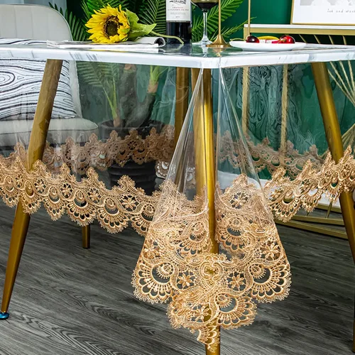 Vista 13 de Jeloris Mantel redondo de plástico transparente de vinilo PVC impermeable con borde de encaje bordado, cubierta de mesa transparente para cocina