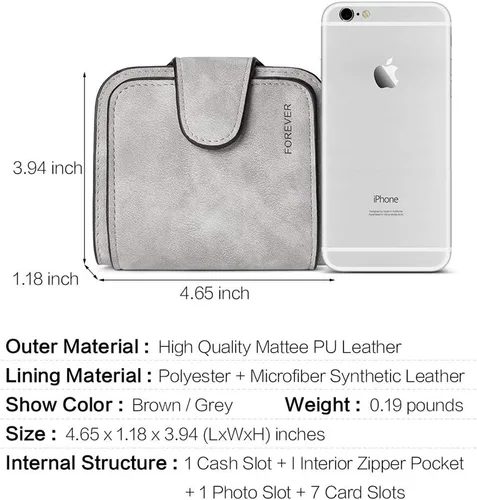 Vista 5 de KELEEL Cartera de cuero para mujer, monedero de embrague para tarjetas de crédito, soporte para monedas, plegable, Gris corto, Classic