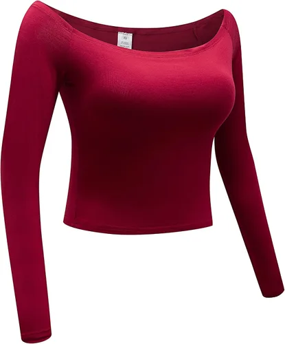 Vista 3 de OThread & Co. Blusa corta de manga larga con hombros descubiertos para mujer, cómoda, básica, con capa elástica