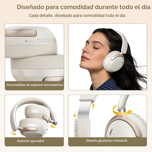Vista 4 de LORELEI QC30 Auriculares híbridos con cancelación activa de ruido, Bluetooth inalámbrico sobre la oreja, piel proteica beige, control activo