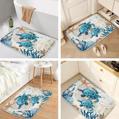 Vista 4 de Alfombra de baño de terciopelo coral con diseño náutico de tortugas marinas, animales de playa, tapete de ducha antideslizante para baño de océano