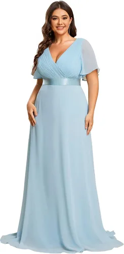 Vista 36 de Ever-Pretty Vestidos formales de noche de gasa para mujer con cuello en V de talla grande para mujeres con curvas, vestido de dama de honor de largo