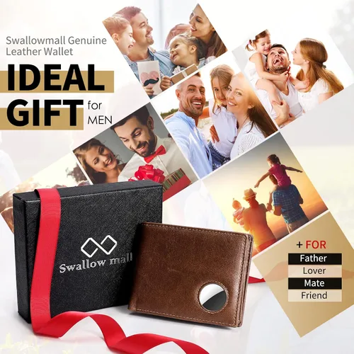 Vista 33 de Swallowmall AirTag Billetera para hombre con bloqueo RFID, de piel auténtica, plegable, para AirTag con 1 ventana de identificación, 13 tarjeteros