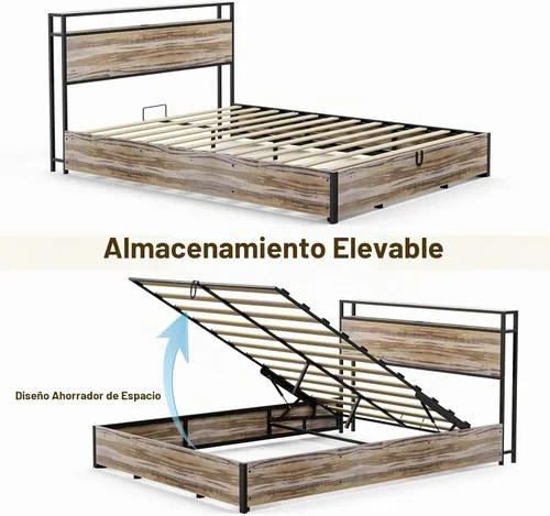 Vista 9 de IKIFLY Cama de almacenamiento elevable tamaño Queen, marco de cama de metal con estante de almacenamiento de 2 niveles y estación de carga, listones