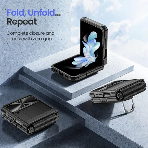 Vista 8 de VEGO para Galaxy Z Flip 4 Funda con Cubierta de Lente Deslizante, Protección de Bisagras y Soporte Magnético Giratório de 360º Incorporado, Funda