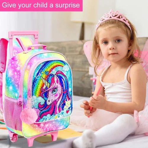Vista 3 de Mochila con ruedas para niñas y niños, 3 unidades, con ruedas, con lonchera, mochilas con ruedas para primaria