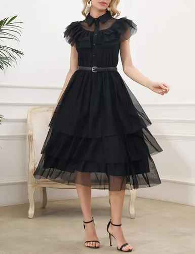 Vista 3 de Aphratti Vestido ajustado y acampanado para mujer, lindo vestido negro de bruja gótica con cuello de Peter Pan
